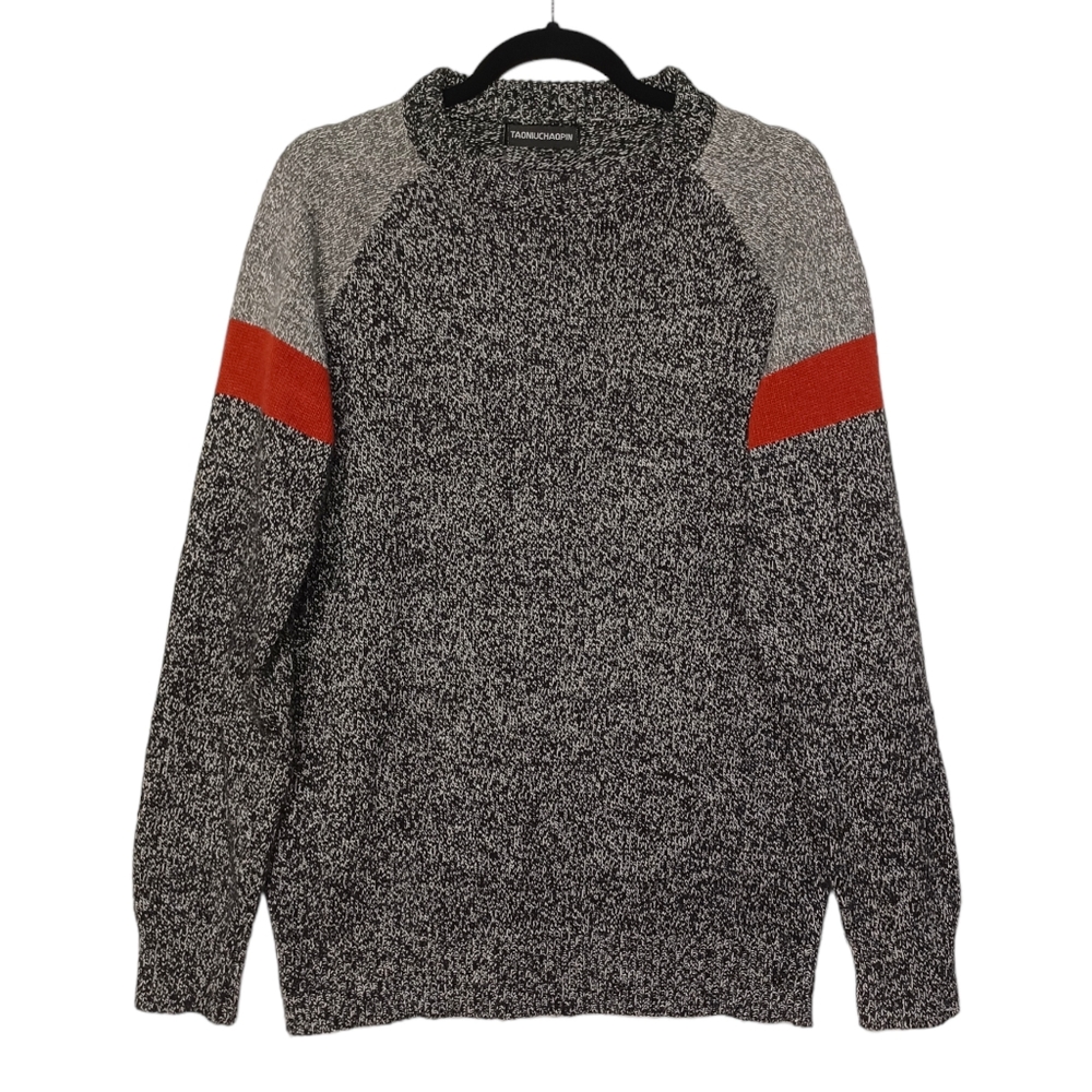 TAONIUCHAOPIN Black Marled Print Orange Gray Colorblock Grandpa Sweater M